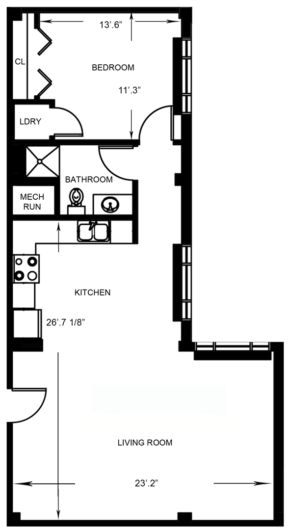 Floor plan for 1 bed, 1 bath, 509 sqft
